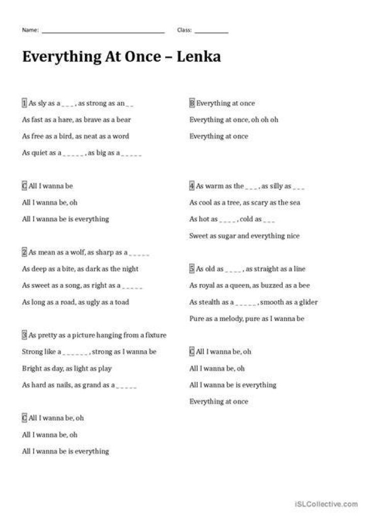 Lenka - Everything At Once - songs with similes metaphors personification and hyperboles